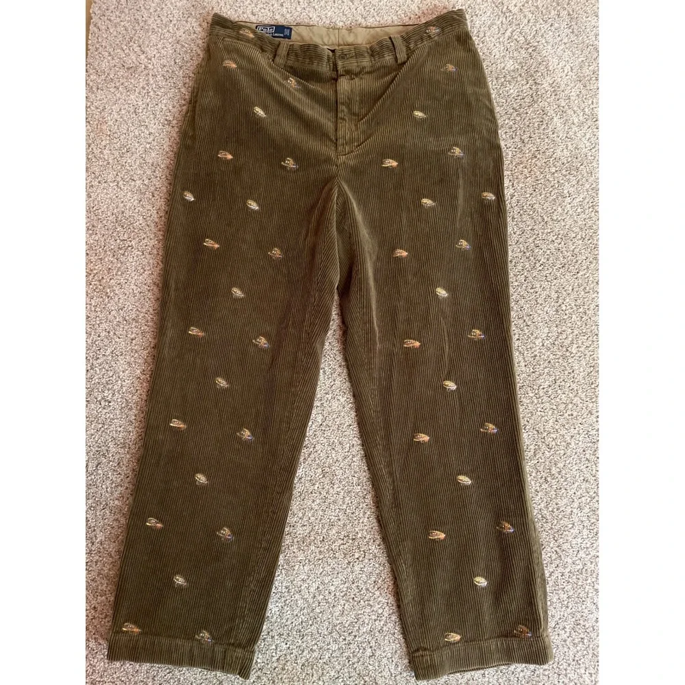 VTG Polo Ralph Lauren Mens Pants 38R Brown Corduroy Fishing Fly Lure Embroidered